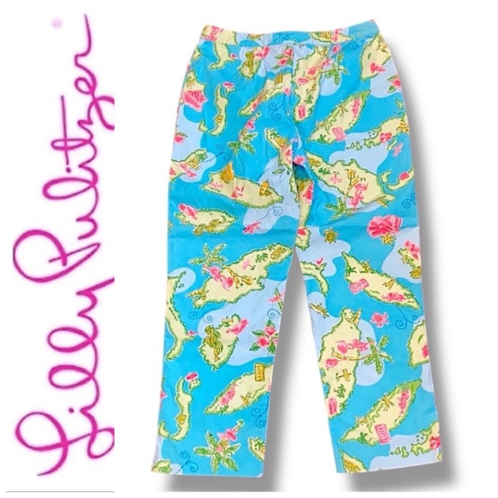 Lilly Pulitzer VINTAGE Turquoise Print Capri Pants BAHAMA ISLAND PRINT SZ 0